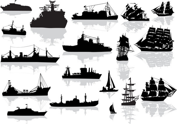 set of different black ships isolated on white - Vector, Image