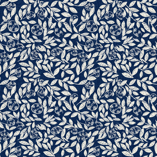 Masculin indigo floral relief lin motif sans couture. Impression partout de bleu marine effet coton fleur linogravure tissu fond - Photo, image