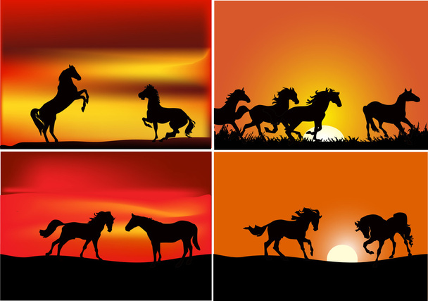 τέσσερις συνθέσεις με τα άλογα στο ηλιοβασίλεμα - Διάνυσμα, εικόνα