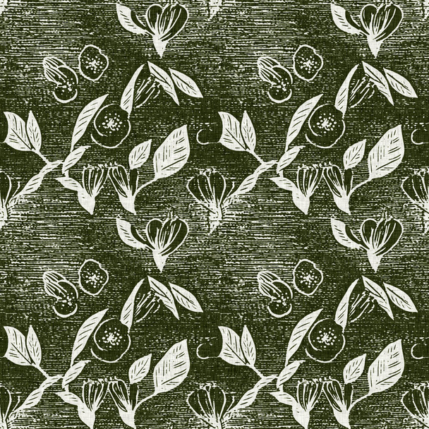 Forest green country floral blockprint linen seamless pattern. Allover print of French cottage interior cotton effect flower fabric background - Photo, Image
