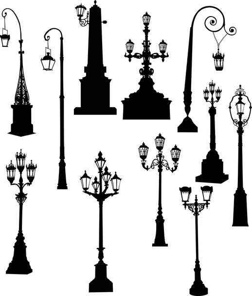 set of eleven street lamps - Vector, Image