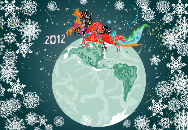Новый год с лошадьми и планетой
 - Вектор,изображение