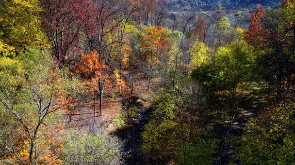 Vue aérienne de la vallée de la rivière avec la couleur des feuilles d'automne. Scène extérieure colorée - Photo, image