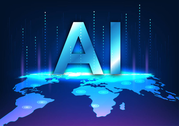 Plongez dans la technologie de l'intelligence artificielle avec un concept technologique. La lettre "AI" au sommet de la carte du monde, avec des lignes de connexion montantes, décrit l'utilisation mondiale de la technologie IA. - Vecteur, image
