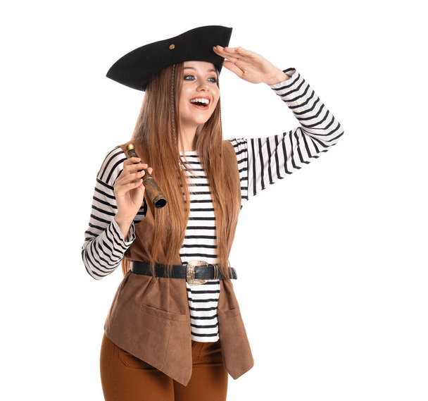 Beautiful female pirate with spyglass on white background - Foto, Imagen