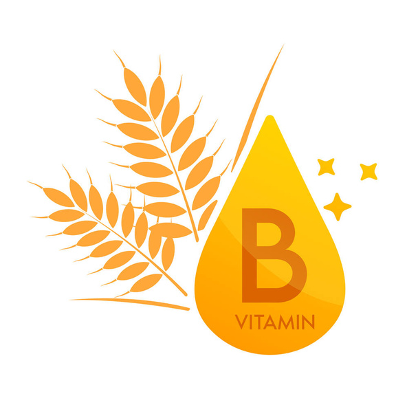 B vitamin ikon búzapehely naranccsal. Form csepp szérum egyszerű vonal elszigetelt fehér alapon. Tervezés web, app és nyomtatott médiában való használatra. Orvosi étrend-kiegészítő szimbólum koncepció. EPS10 kórokozó-átvivő. - Vektor, kép