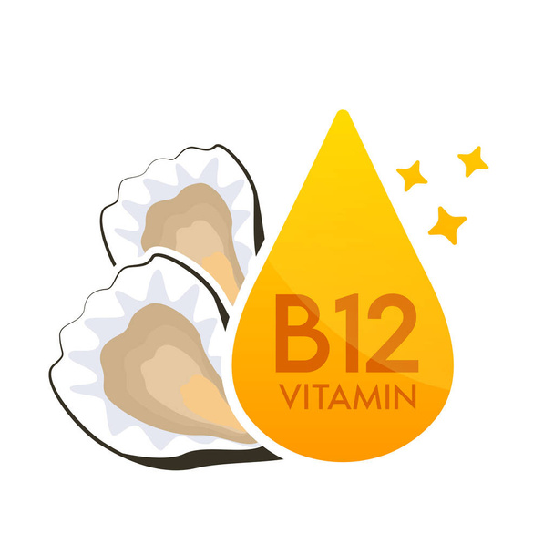 Vitamin B12 ikona oranžová s ústřicí. Formulář pokles sérum jednoduchá čára izolované na bílém pozadí. Design pro použití v tiskových médiích. Symbol doplňku stravy. Vektor EPS10. - Vektor, obrázek