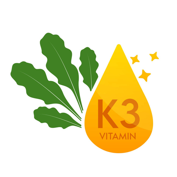 Icono de vitamina K3 con espinacas verdes vegetales. Forma suero de gota línea simple aislado sobre un fondo blanco. Diseño para su uso en web, aplicaciones y medios impresos. Concepto de símbolo de suplemento alimenticio médico. Vector EPS10. - Vector, imagen