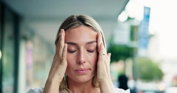 Frustrated, headache and business woman with stress or angry due to pressure or burnout outdoor in a city. Worried, fail and employee or worker sad in an urban town due to stock market crash. - Záběry, video