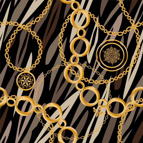 Seamless pattern decorated with precious stones, gold chains and pearls. - Vector, Image