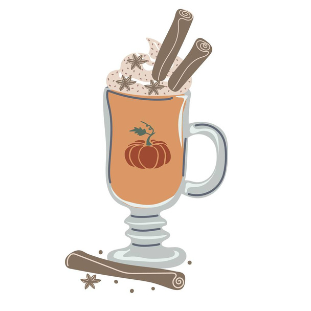 Pumpkin Spice latte kávésbögre őszi menühöz vagy üdvözlőkártya tervezéshez. Szezonális forró ital habbal, krémmel, fahéjjal - Vektor, kép