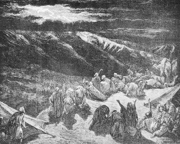 Mosè comanda il mare nel vecchio libro La Bibbia nelle immagini, di G. Doreh, 1897 - Foto, immagini