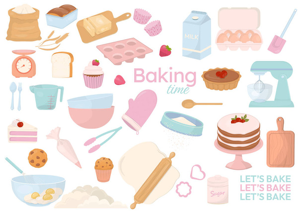 Collection d'outils de boulangerie, d'ingrédients et de cuisson élément de conception avec texte en couleur pastel sur fond blanc. - Vecteur, image