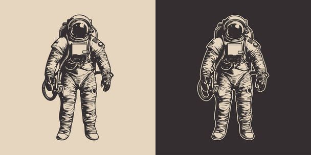 Joukko vintage retro astronautti nasa tulevaisuudessa avaruusseikkailu tutkia. Galaksin tiedematka. Kuvataide. Vektori - Vektori, kuva