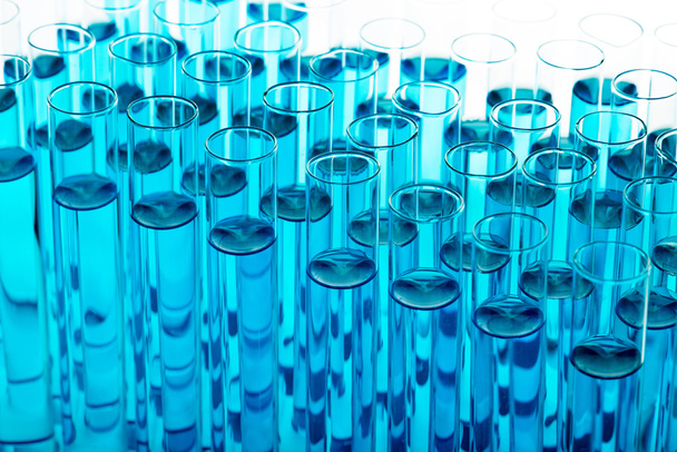 blaue Flüssigkeit im Reagenzglas im Rack - Foto, Bild