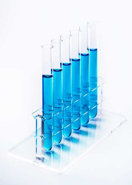 Blauwe vloeistof in proefbuizen in een rack - Foto, afbeelding