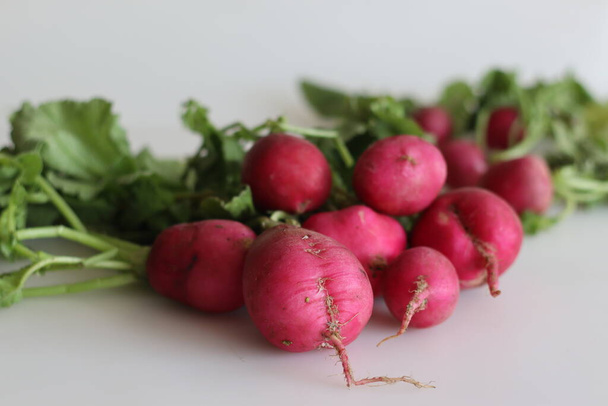 A bunch of Red radishes, also known as table radishes, are a group of root vegetables with light red colored skin and crunchy flesh. Shot with its green leaves on a white background - Photo, Image