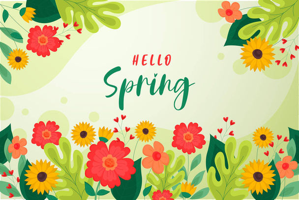 Γεια σας άνοιξη διάνυσμα σχέδια χαιρετισμούς. Εαρινό κείμενο με πολύχρωμα στοιχεία λουλουδιών όπως καμέλιες, νάρκισσοι, κρόκοι και πράσινα φύλλα στο φόντο για την ανοιξιάτικη περίοδο. Εικονογράφηση διανύσματος - Διάνυσμα, εικόνα