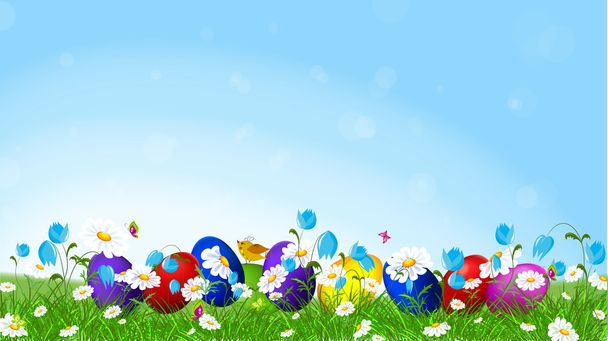 Színes húsvéti tojást és l tavaszi virágok. - Vektor, kép