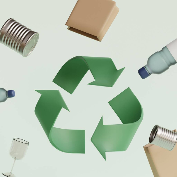 Újrahasznosítás, csökkentés, újrafelhasználás és javítás. Az újrahasznosítás szimbóluma az újrahasznosítandó hulladék körül forog. 3d rendezés illusztráció - Fotó, kép