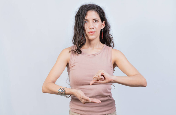 Woman Interpreter gesturing in sign language isolated. People gesturing in sign language isolated. Girl gesturing in sign language - Photo, Image