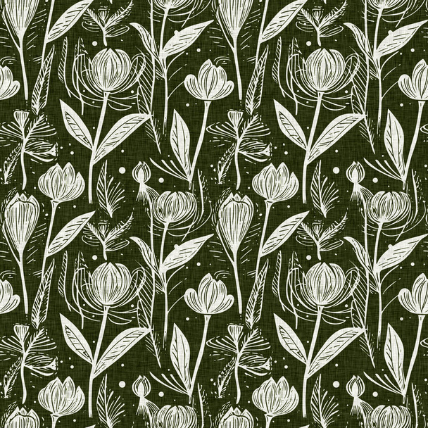 Forest green country floral blockprint linen seamless pattern. Allover print of French cottage interior cotton effect flower fabric background - Photo, Image