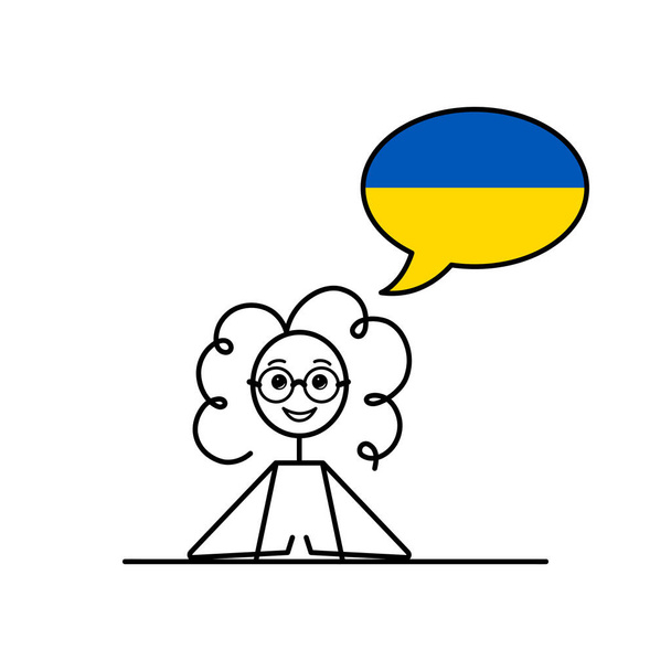 Ukrayna bayrağında konuşma baloncuğu olan Ukrayna dilinde konuşan Ukraynaca konuşan çizgi film kızı, Ukraynaca öğrenen kadın karakter vektör çizimi, basit siyah çizgi çizimi - Vektör, Görsel