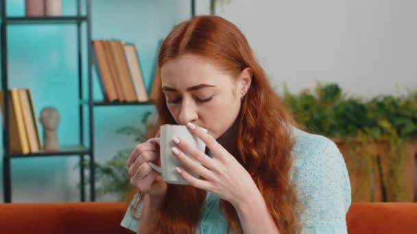 Attraente giovane donna rossa sorridente che beve una tazza di caffè caldo o tisana seduta a casa divano del soggiorno al mattino. Bella ragazza godendo confortevole relax, avendo una pausa da solo - Filmati, video