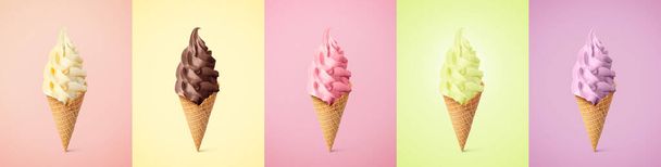 Set of different delicious soft serve ice creams in crispy cones on pastel color backgrounds - Фото, изображение
