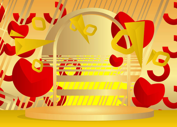 Arany, piros és sárga színpad bemutató. Vektor mockup termék kijelző. Absztrakt hengeres talapzati dobogó, minimális geometriai formák. - Vektor, kép