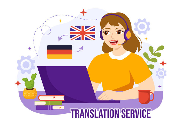 Διανυσματική εικονογράφηση υπηρεσιών μεταφραστών με τη γλωσσική μετάφραση Διάφορες χώρες και πολυγλωσσική χρησιμοποίηση του λεξικού στο χέρι που σχεδιάζεται πρότυπα - Διάνυσμα, εικόνα