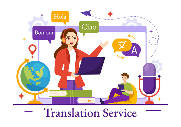 Vertaler Service Vector Illustratie met Taal Vertaling Verschillende landen en meertalige met behulp van woordenboek in de hand getrokken sjablonen - Vector, afbeelding