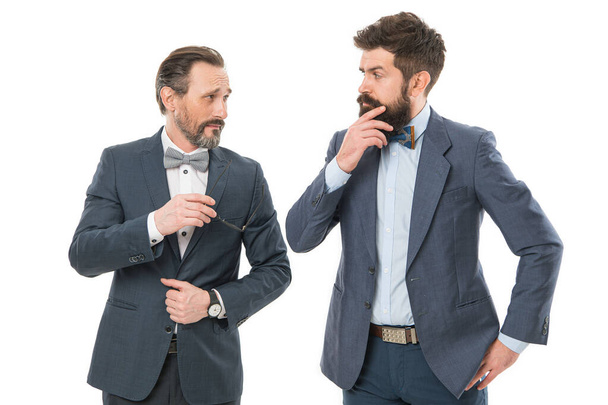 Sharing opinions. Discussing risky business ideas. Successful partnership. Men entrepreneurs white background. Business team. Business people concept. Business meeting. Men bearded formal suit. - Valokuva, kuva