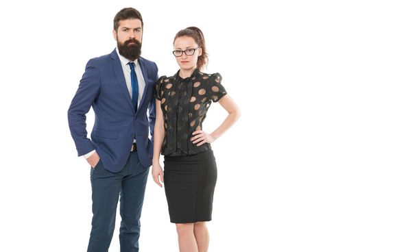 We help you succeed. Business professionals isolated on white. Couple of business partners. Sexy woman and bearded man in business style. Formal business meeting. - Фото, зображення