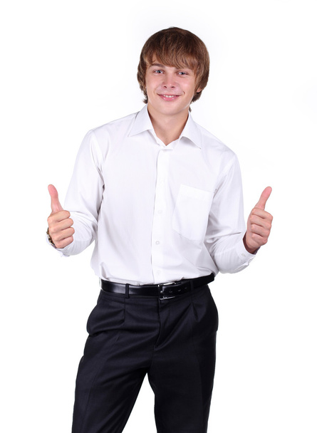 Stylish smiling young man standing on white background - Фото, изображение