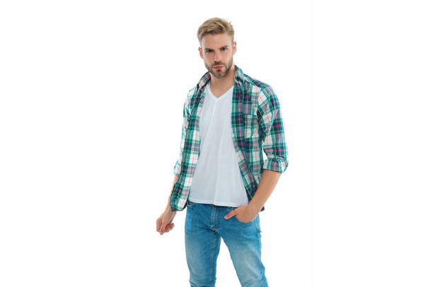 casual man isolated on white. casual man on background. casual man in studio. photo of casual man wearing checkered male shirt. - Valokuva, kuva
