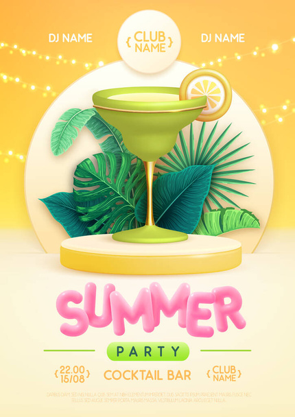 Summer disco party poster with 3d stage, tropic leaves and margarita cocktail. Colorful summer beach scene. Vector illustration - Wektor, obraz