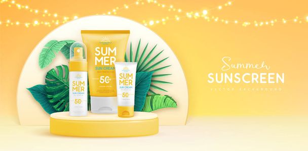 Summer background with 3d podium, set of sunscreen tubes and tropic leaves. Colorful summer scene. Vector illustration - Vektori, kuva