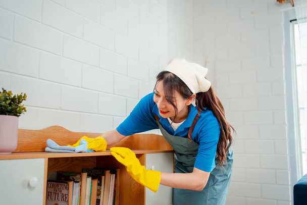 Housework or house keeping service female cleaning dust in house, cleaning agency small business. professional equipment cleaning old home. - Foto, imagen