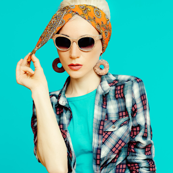 Fashion blond girl in trendy hair accessories. Headscarf. - Фото, изображение