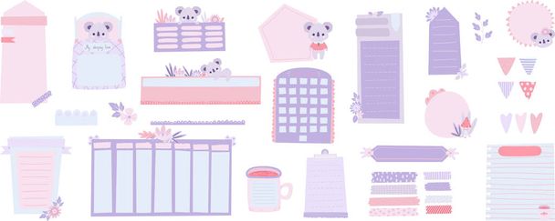 Cute digital note papers and stickers for bullet journaling or planning. Kawaii koala stickers.. Ready to use digital stickers for digital planner. Vector art. - Wektor, obraz