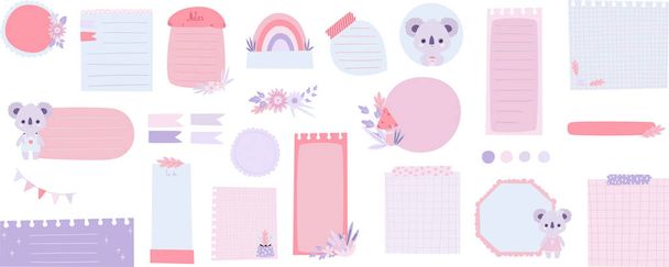 Cute digital note papers and stickers for bullet journaling or planning. Kawaii koala stickers.. Ready to use digital stickers for digital planner. Vector art. - Vetor, Imagem