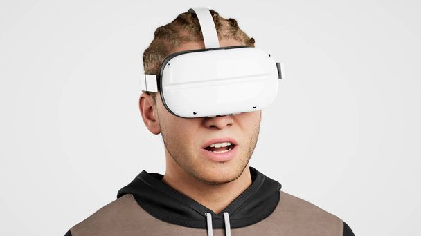 τεχνολογία, online παιχνίδι, ψυχαγωγία, εικονικό κόσμο σε 3D προσομοίωση. Millennial man in vr glasses plays, white studio, απομονωμένο, 3d καθιστούν. - Φωτογραφία, εικόνα