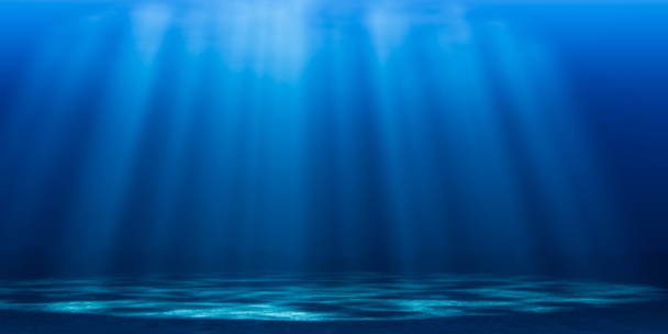 Ilustracja 3D puste dno ciemnoniebieskiego morza z czystą wodą oświetloną promieniami słońca w ciągu dnia - Zdjęcie, obraz