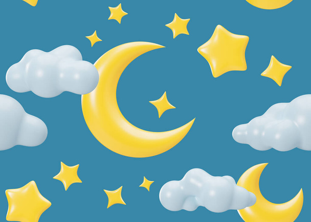 黄色の3D星、月、青の背景に雲とシームレスなパターン。ファブリックプリント、テキスタイル、壁紙に適用されます。繰り返しの質感。漫画スタイル、子供の寝具、服のパターン。3D - 写真・画像