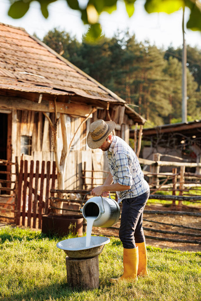 Portrait of young farmer pours milk into can at his elocogical farm. Concept of milk production and agriculture business. Animal husbandry for the industrial production of goat milk dairy products. - Foto, Bild