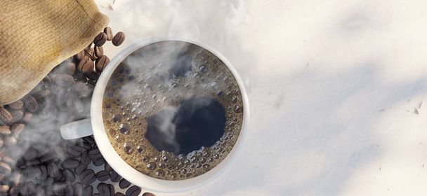 свіжа кава на дерев'яному столі Самки смажених кавових зерен Гарячі кавові зерна 3d ілюстрація - Фото, зображення