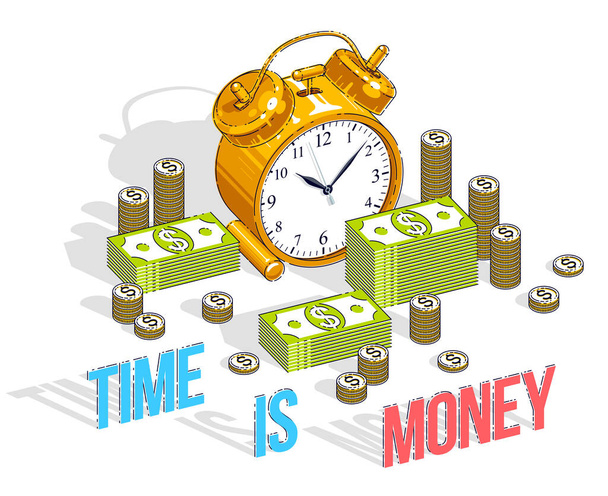 Time is Money concept, table Alarm Clock with cash money stacks and coin piles isolated on white background. Vector 3d isometric business and finance illustration, thin line design. - Vektor, Bild