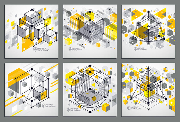 Vector abstract yellow backgrounds set created in isometric mesh lines style. Mechanical scheme, vector engineering drawing with cube and mechanism parts. Perfect background for your designs - ベクター画像