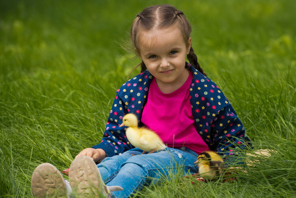 Cute happy little girl with of small ducklings in the garden. Nature background. - Photo, image